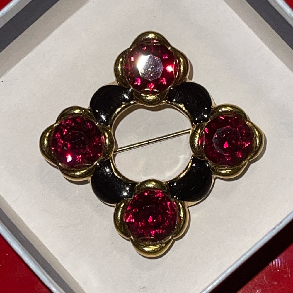 ✨Vintage MONET Brooch & Earrings Set ✨ Red Rhinestones, Black Enamel, Signed